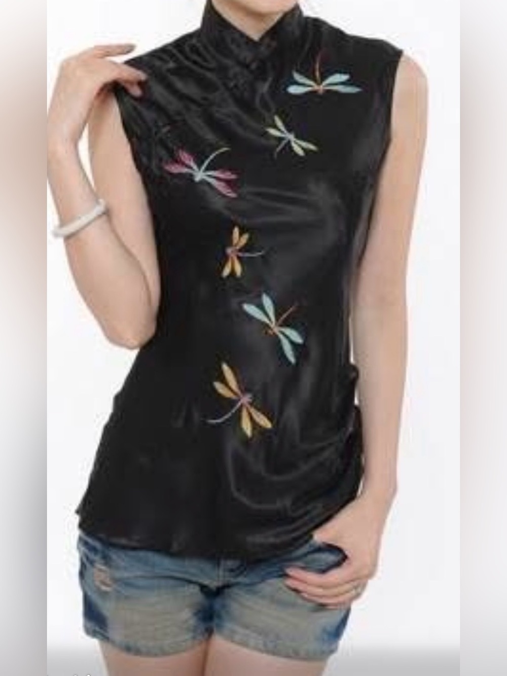 Qipao Style Dragonfly Silk Like Blouse Top Sz S Black Satin Mandarin Collar Asia
